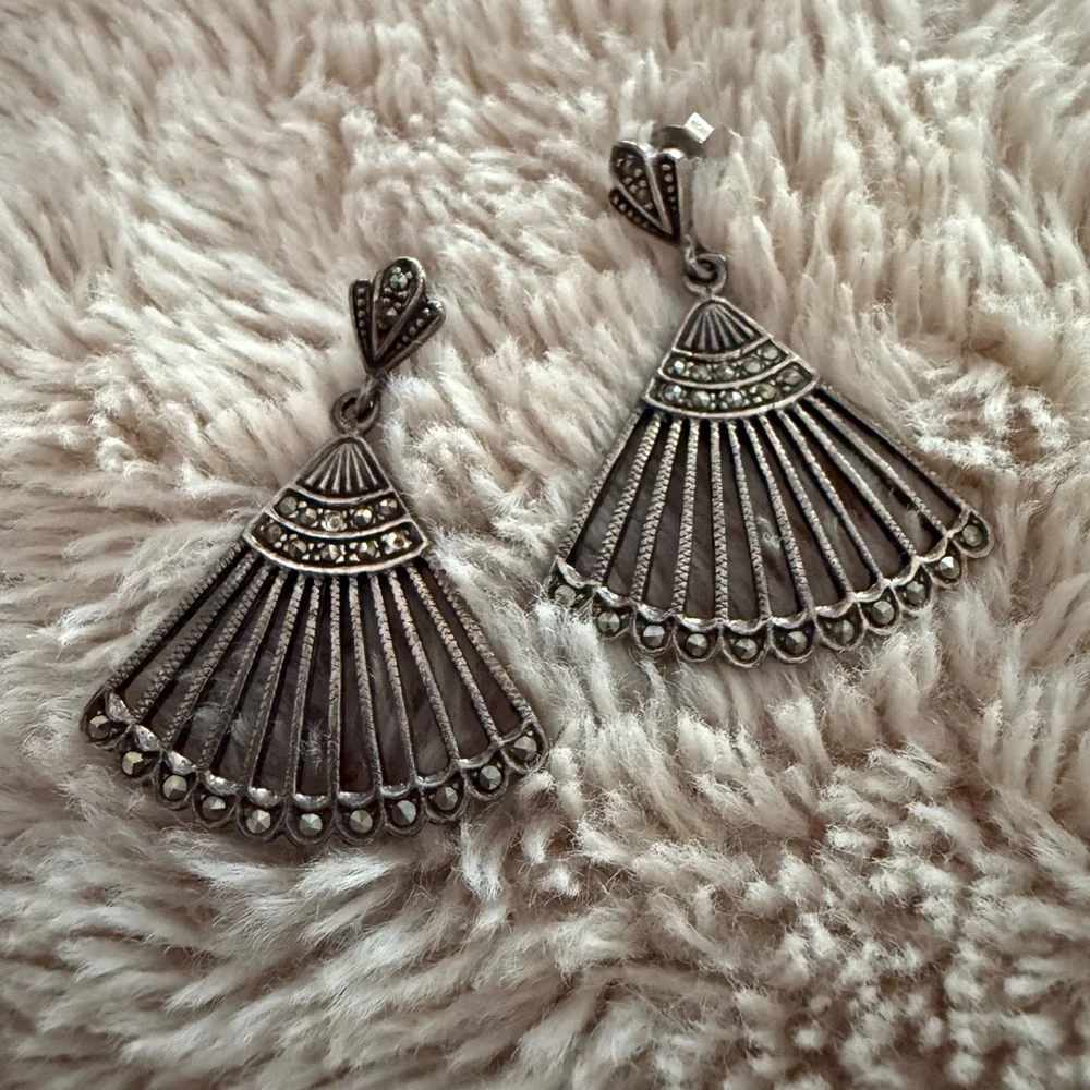 Sterling‎ Silver Marcasite Fan Earrings 925 Dangle Pierced Ears